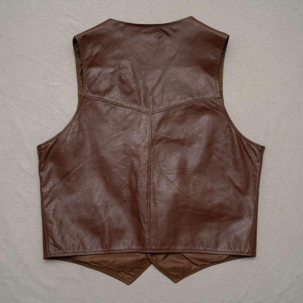 Vintage 70s 80s Sears Leather Shop Dark Brown Leather Vest 44 Reg Cowboy Western - Picture 2 of 9